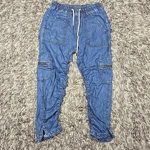 Pilcro Cargo Jogger Pant Womens XS Blue Elastic Waist Zip Pockets Ankle Drawcord